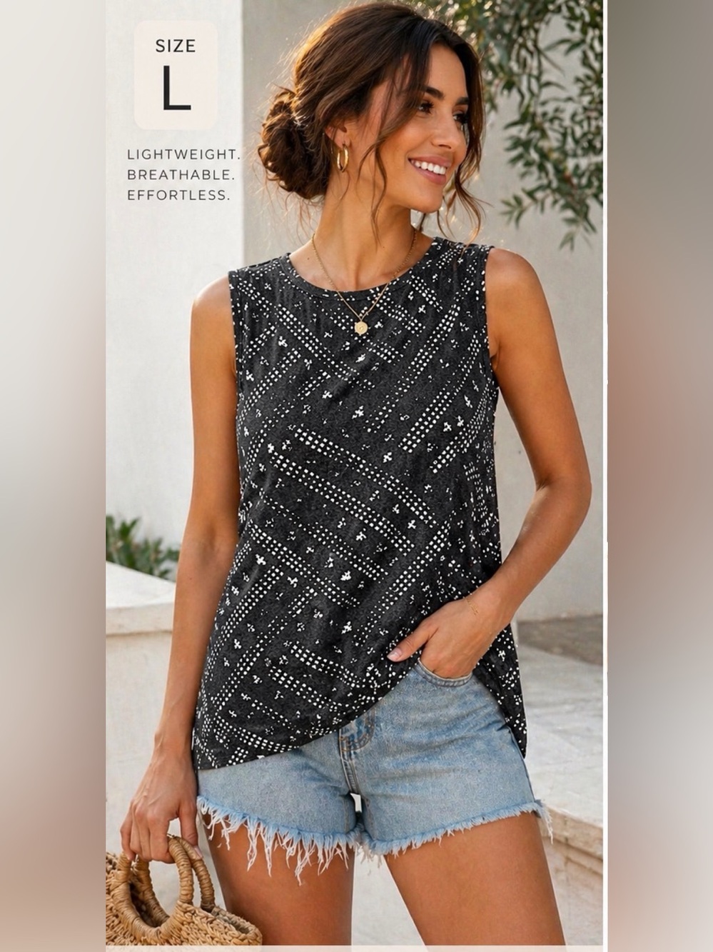 Sleeveless Black Patterned Tank Top - Lightweight Women's Top